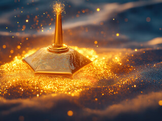 A Golden Dreidel Resting on Glowing Sand with a Radiant Aura