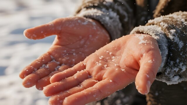 Two open hands are covered with ice crystals, showing the effects of extreme cold or frostbite.