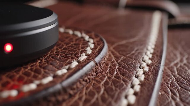 Close up of brown stitched leather texture with a camera lens nearby.