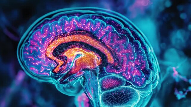 A luminous, cross-sectional illustration of the human brain with highlighted structures