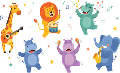 Obraz premium Cute Dancing Animal Characters Illustration Set with Giraffe, Lion, Hippo, Elephant, and Bear Playing Music for Kids, Party, and Cartoon Designs