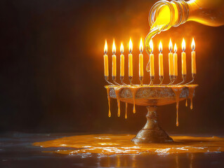 A Symbolic Floating Jug Pouring Liquid Glow on a Hanukkah Menorah