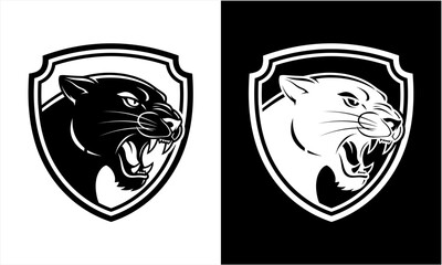 Obraz premium Roaring Panther Head in Shield Emblem Design.