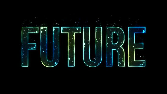 Future, animated text in blue and green color, with green liquid bubbles emerging, with random energy flashes around the text	