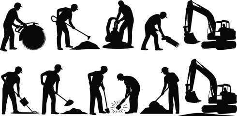 Naklejka premium Road construction worker silhouettes with heavy machinery and tools, cutting, digging, shoveling activities, black flat vector illustration set for construction industry