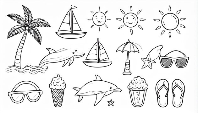 Hand-drawn beach summer icons with palm tree, sailboat, sun, dolphin, sunglasses, ice cream, flip flops