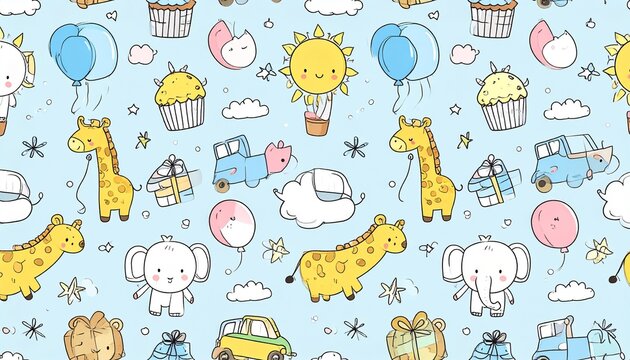 Cute cartoon animal pattern with balloons, cupcakes, and gifts on light blue background