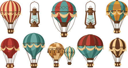 Vintage Hot Air Balloon and Lantern Illustration Set with Decorative Air Travel Elements for Adventure, Festival, Travel, and Retro Graphic Design © Sanjida