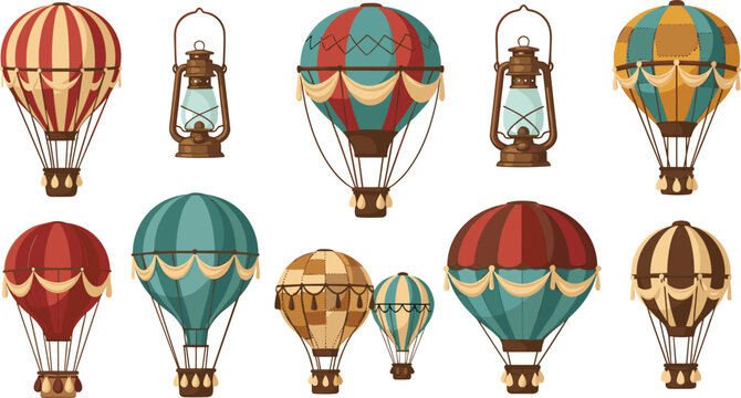 Vintage Hot Air Balloon and Lantern Illustration Set with Decorative Air Travel Elements for Adventure, Festival, Travel, and Retro Graphic Design