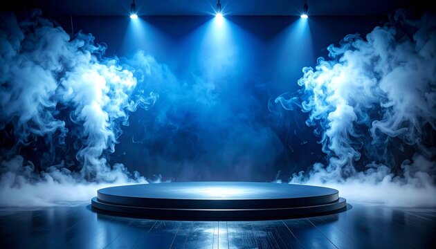 Blue lit stage with smoke and platform