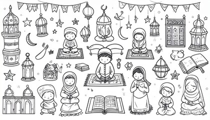 Fototapeta premium Cute cartoon Muslim people praying with Islamic symbols and lanterns