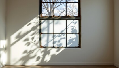 Sunlit Interior with Leaf Shadowed Industrial Window