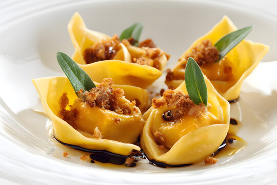 Handmade Cappellacci Pasta Filled with Butternut Squash and Topped with Crispy Sage and Sauce
