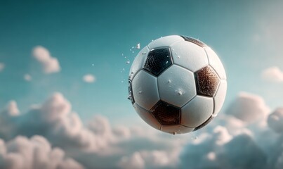 Fototapeta premium Photorealistic Soccer Ball Mid-Air with Summer Vibe against Cloudy Sky