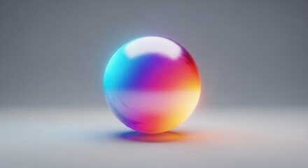 Vibrant glowing orb displaying a spectrum of brilliant iridescent colors on a minimalist grey