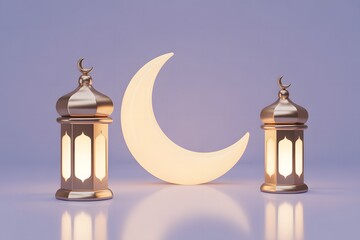 3D render of glowing lanterns and crescent moon on purple background, for Ramadan or Eid celebration mockup or overlay effect