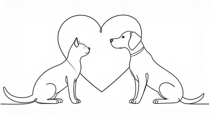 Obraz premium Cute cat and dog line drawing with heart