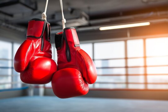 Red Boxing Gloves Hanging in an Empty Gym Ring After a Match