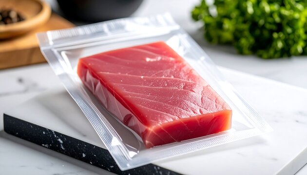 Fresh tuna in a clear plastic bag