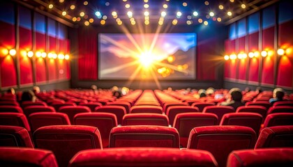 Cinema theater with red seats and bright screen, empty rows of chairs