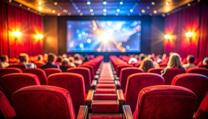 Cinema auditorium with red seats and people watching movie screen