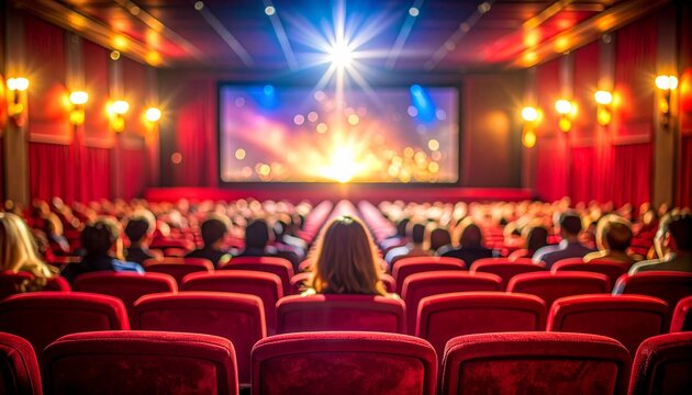 Red cinema seats with audience watching movie screen