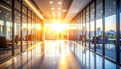Modern office corridor with glass walls and sunlight