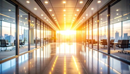 Modern office hallway with natural light and glass walls