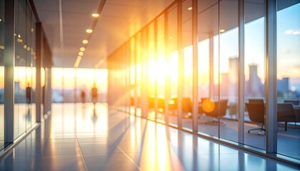 Modern office corridor with sunlight, empty workspace and city view