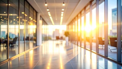 Modern office hallway with glass walls and natural light