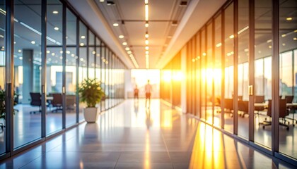 Modern office corridor with glass walls and natural light