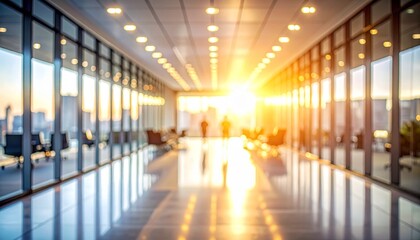 Modern office hallway with sunlight streaming through large windows