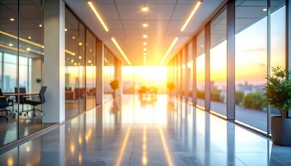 Modern office corridor with large windows and sunset light