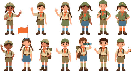 Cute Scout Kids Character Illustration Set with Boys and Girls in Camping Uniforms, Outdoor Activities, and Adventure Poses for Education Designs