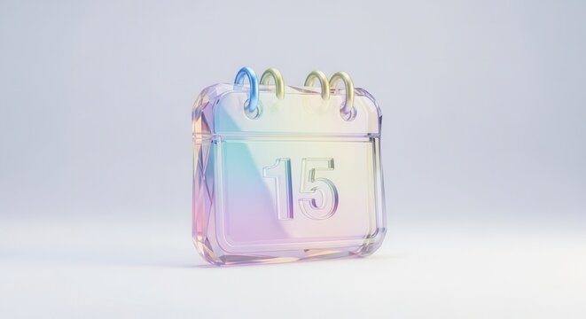 Vibrant iridescent calendar icon displaying important date 15 with subtle pastel gradient