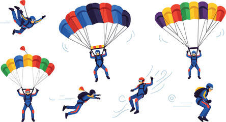 Skydiving and Parachuting Action Illustration Set with Extreme Sport Characters Performing Freefall and Landing Poses for Adventure and Sports Designs © Sanjida