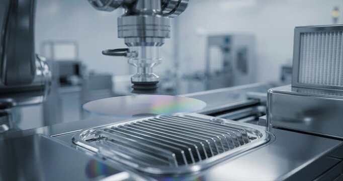 Robotic arm manipulating semiconductor wafer in production environment
