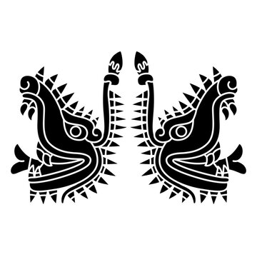 Symmetrical ethnic design with two heads of fantastic monsters. Cipactli. Aztec mythology. Black and white silhouette.