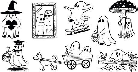 Obraz premium Whimsical black and white cartoon ghosts skateboarding, hiding, exploring with dog cart and holding baskets in playful halloween doodle art