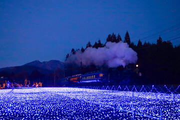 日光市　東武鬼怒川線　イルミネーションの中を走行するSL大樹