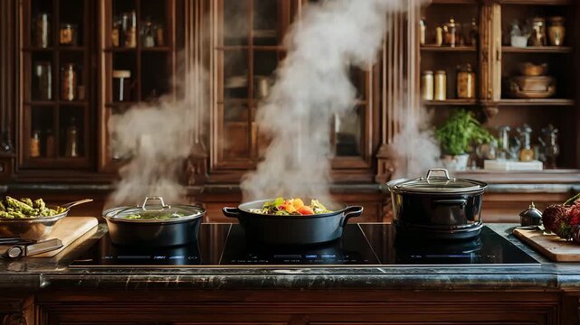 Assortment of pots with steaming food on an induction cooktop
