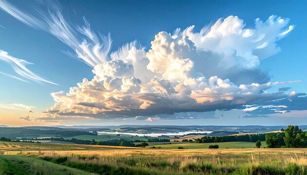 Panoramic view of a serene countryside landscape with a large cumulus cloud.