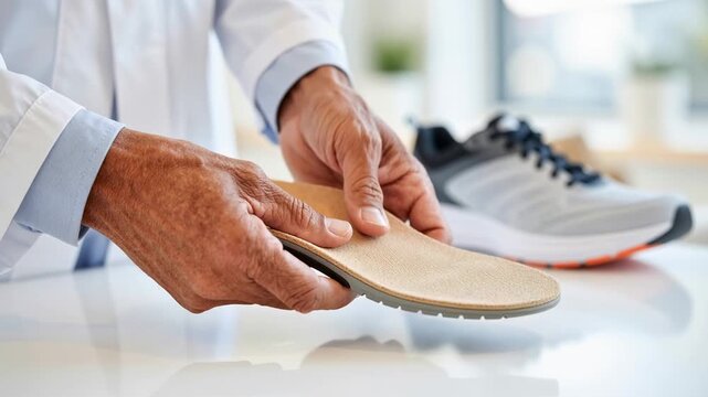 close up video of orthopedist bending and pressing orthopedic insole to show flexibility and resistance, explaining foot support and medical footwear solution