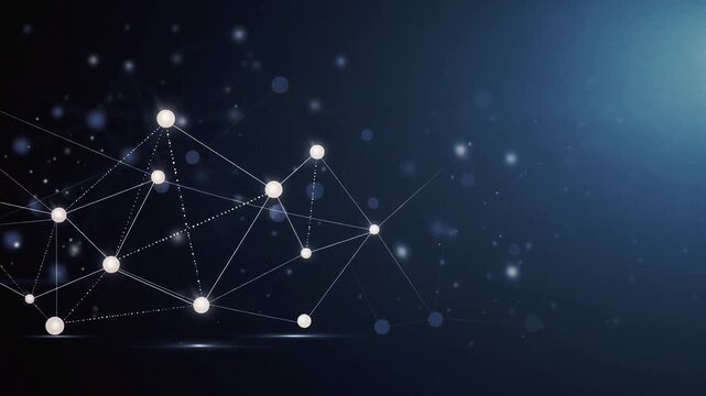 Abstract Digital Network Nodes and Connections with Bokeh Particles on Blue Background