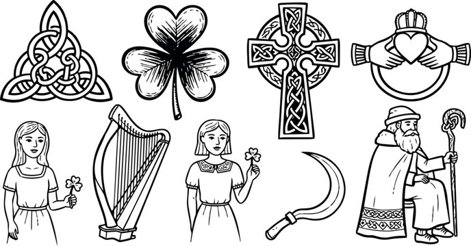 Black and white line art collection of irish celtic symbols sacral harp shamrock girl holding flower saint patrick with sickle and claddagh ring