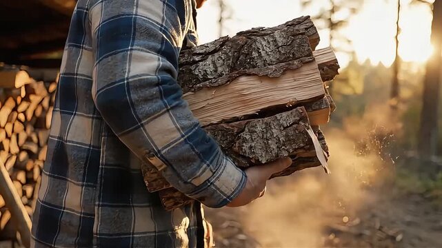 Man Carrying Firewood in Plaid Shirt.