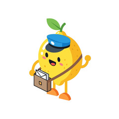 Fototapeta premium Cute cartoon lemon character dressed as a mail carrier with a satchel.