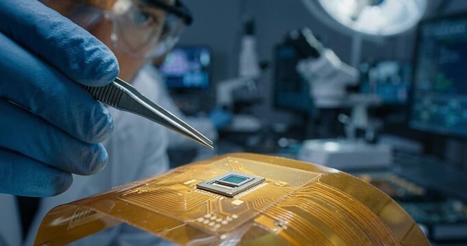 Scientist in lab assembling microchip using precision tools