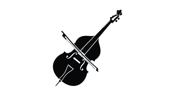 A graphic black illustration of a double bass with a bow poised for playing, presented on a white canvas, ideal for music-related advertising and art.