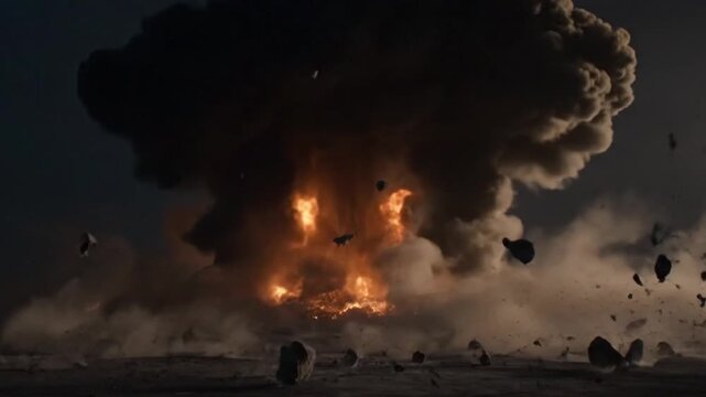 Dramatic triple mushroom cloud explosions in the dark intense blasts with fire and smoke